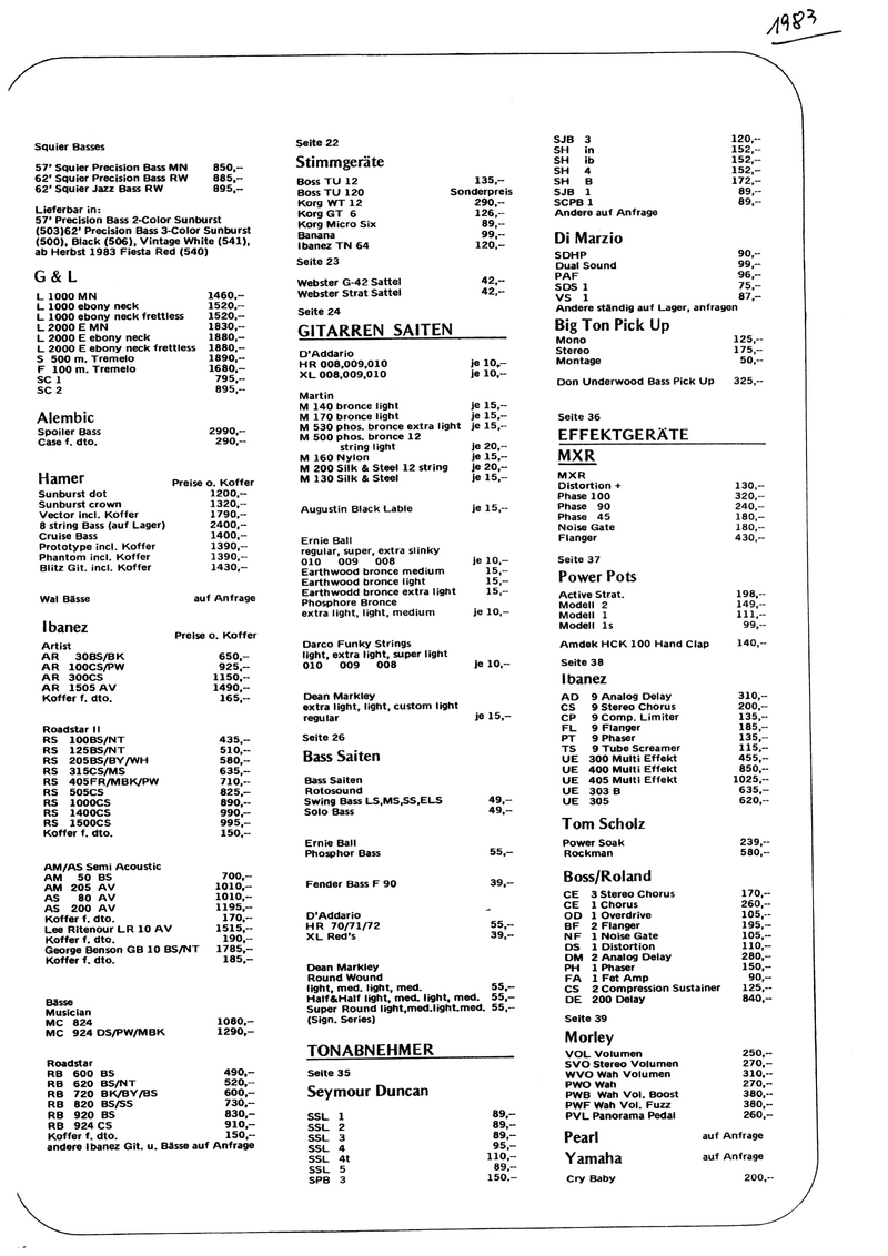 Unknown retailer price list 1983