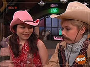 Carly smiles and Sam refuses to make eye contact in the Cowboy sketch