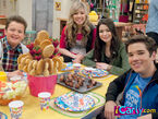 Carly, Sam, Freddie, and Gibby at the table having a birthday breakfast for Carly