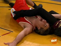 Carly merely says, "Sam" and gestures with her head after being pinned. Sam casually wins over a grown man.