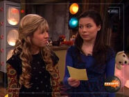 Carly and Sam share a look on iCarly after Carly reads the title, "Haggis in Moonlight"