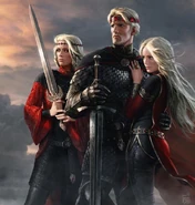 Aegon with his sister-queens Visenya (left) and Rhaenys (right), by Amok ©