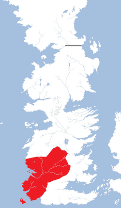 A map showing the location of the Reach on the continent of Westeros.