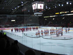 The home team  has just taken on  in a  game in Helsinki Ice Hall