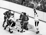 Ken Hodge celebrates one of his 6 assists, February 9, 1971.