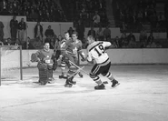 Bruins Tom Williams and #19 Reg Fleming, Leafs Johnny Bower and Kent Douglas, December 19, 1965.