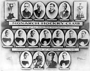 Collage of black and white images of hockey players, team executive personnel and ice hockey trophies