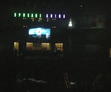 The Chiefs lower the  via rope, from the roof of the Spokane Arena on Opening Night 2008. Four months earlier, the Cup broke in the Chiefs hands during the celebration in , .