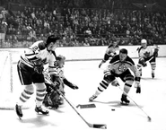Frank Mahovlich, Gerry Cheevers (playing in his first game for the Bruins), Don Awrey, October 27, 1965.