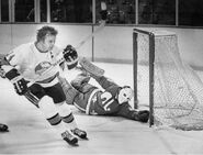 Ralph Backstrom scores on Michel DeGuise, November 6, 1975.