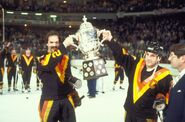 Harold Snepsts and Stan Smyl with the Clarence Campbell Trophy, May 9, 1982.