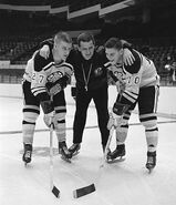 New Bruins coach Harry Sinden with Bobby Orr and Gilles Marotte at training camp, October 10, 1966.
