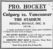 A lack of ice in Calgary forced the Tigers to open in Regina. Over 2000 attended the game. Unfortunately for Regina fans, the Christmas game was played in Calgary when the temperature dropped and the ice in the arena was suitable.