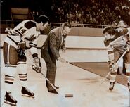 Ceremonial face-off between Ab McDonald and Al Hamilton at the Jets first home game, October 15, 1972.