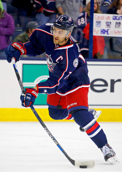 NOV 10, 2015: Columbus Blue Jackets left wing Nick Foligno (71) wears a  camouflage jersey for Military Appreciation Night during warmups prior to a  NHL game between the Vancouver Canucks and the