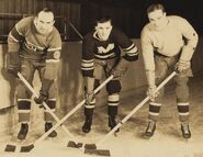 Howie Morenz, Hooley Smith, Charlie Conacher during the 1931-32 season. Note the commemorative arm patch on Morenz's jersey.