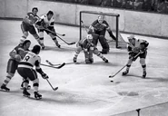 The Whalers top line of Larry Pleau, Tom Webster and Terry Caffery attack goalie Serge Aubry in 1972-73 season action.