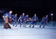 Seth Martin, Al Arbour, Noel Picard, Jimmy Roberts, Keith McCreary before opening night, October 1967.