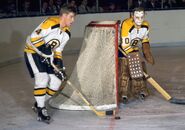 Bobby Orr and Gerry Cheevers during the 1968-69 season. Note the beginning of the stitches on Cheever's mask.