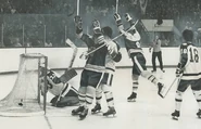 Ken Hodge scores the series winner, Game 4 of the 1974 Quarter-finals, April 14, 1974.