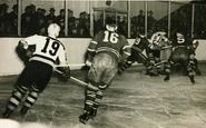 Bruins Gord Pettinger attacks the Leafs net, Game 4 of the 1939 Stanley Cup Finals, April 13, 1939.