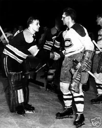 Richard shaking hands with Bruins goaltender Jim Henry after game 7 of the 1952 Stanley Cup semifinals