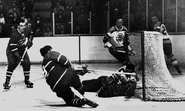 16Apr1957-Richard on Simmons.jpg (107 KB) Don Simmons stops Maurice Richard in Game 5 of the 1957 Stanley Cup Finals.