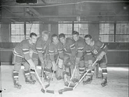Showing off the new Rangers jerseys are Grant Warwick, Neil Colville, Edgar Laprade, Charlie Rayner, Frank Eddolls and Tony Leswick, 1946.