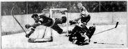 On January 28, 1934, Eddie Shore plays in his first game after the Bailey suspension. The Rangers Bun Cook scores on Tiny Thompson while Nels Stewart watches.