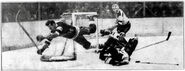 On January 28, 1934, Eddie Shore plays in his first game after the Bailey suspension. The Rangers Bun Cook scores on Tiny Thompson while Babe Siebert watches.