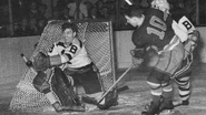 Frank Brimsek stops the Rangers #10 Clint Smith, Game 1 of the 1939 Semi-finals, March 21, 1939.