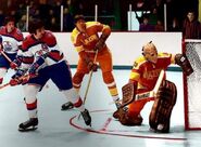 Jim Harrison, Wayne Mosdell, Bernie Parent in 1972-73 season action.