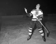 Jerry Toppazzini salutes the Ranger fans after scoring the overtime winner in Game 2 of the 1958 Semi-finals.