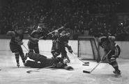 Turk Broda fights off the Black Hawks in the 1938-39 season.