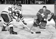 Fleming Mackell, Real Chevrefils and Johnny Bower, October 18, 1958.