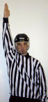 The rear linesman signals icing by raising his non-whistle hand. In the WHL, a potential defensive-zone icing is indicated by also extending the whistle arm in the direction of the icing call.