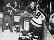 13Mar1955-Beliveau Mackell.jpg (152 KB) Hal Laycoe on the far left with Bert Olmstead while Jean Béliveau restrains #8 Fleming Mackell. Richard is behind Beliveau with linesman Cliff Thompson, March 13, 1955.