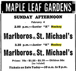 A season game played as part of a doubleheader with a junior game in Toronto. The ad mistakenly referred to "Senior A Hockey."