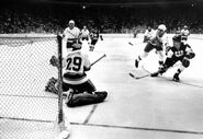 Ron Grahame stops Tom Webster, Game 7 of the 1976 Semi-finals, May 16, 1976.