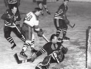  scores on  to make it 5-3 Rangers in the last Hawks home game played in St. Louis, March 8, 1956.