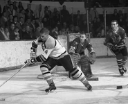 Bobby Orr, Denis DeJordy and Ed Van Impe (who was runner-up to Orr for the Calder Memorial Trophy) in 1966-67 season action.