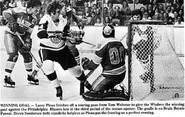 Larry Pleau scores the winner in the first WHA game for the Whalers and Blazers, October 12, 1972.