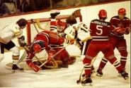 Gregg Sheppard battling in front of Vladislav Tretiak, Janaury 8, 1976.