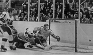 Don Blackburn scores the 1st goal in the Hartford Civic Center on Ernie Wakely, January 11, 1975.