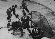 Frank Brimsek stops Gordie Drillon in overtime, February 18, 1941.
