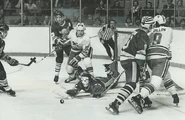Paul Henderson, goalie Mike Curran, Wayne Dillon, November 26, 1974.