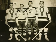 Brothers Busher and Art Jackson, Roy and Charlie Conacher at the charity game to raise money for the U.S. Army Relief Society, February 6, 1942.