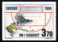 This stamp issued by Sweden depicts Peter Forsberg's winning goal at the . Note that 's  , victim of the goal, refused to be shown on the stamp.