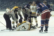 Phil Esposito suffers torn right knee ligaments and is lost for the playoffs, 1973 Quarter-finals Game 2, April 5, 1973.