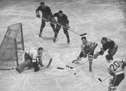 Turk Broda, Alf Pike, Clint Smith, Gus Marker, Lynn Patrick and Wally Stanowski in Game 1 of the 1940 Stanley Cup Finals, April 2, 1940.